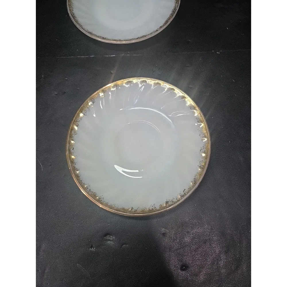 Anchor Hocking Golden Shell Saucers, Swirl Lustre Plates, Gold Trim, Set Of‎ 2